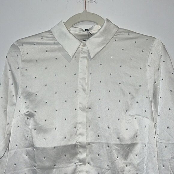White Satin button front Rhinestone Womens Blouse size Small - Picture 2 of 12